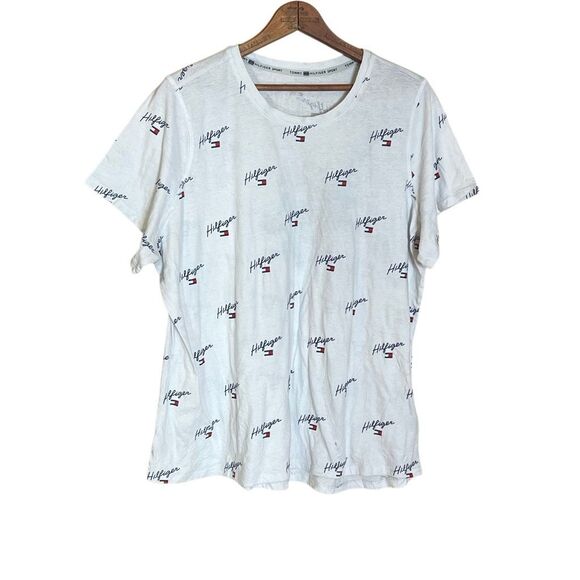 Tommy Hilfiger Sport Allover Logo Print Short Sleeve T-Shirt White Navy Size 1X - Picture 2 of 8